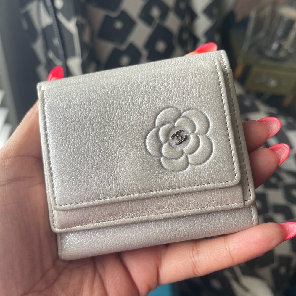 Chanel Silver Wallet with Camellia Design